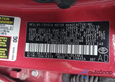 2018 Toyota Corolla Le из США, поврежденный, VIN 2T1BURHE5JC046450